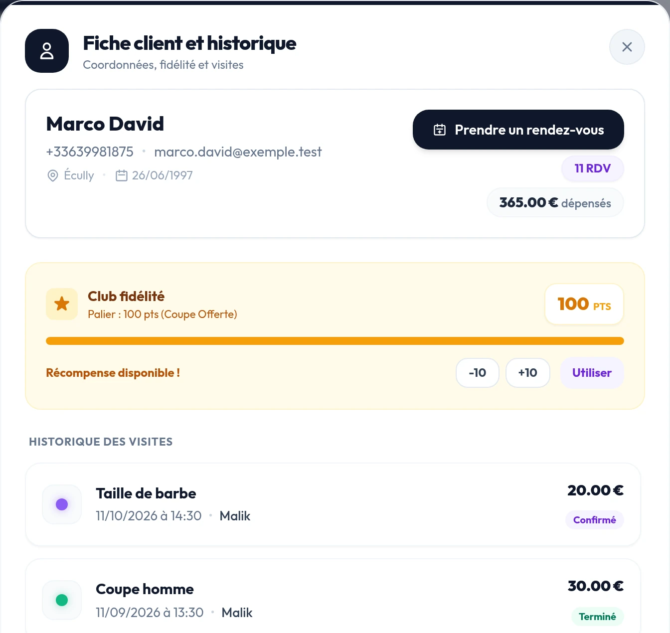 La fiche d'un client fidèle : ses points et sa récompense