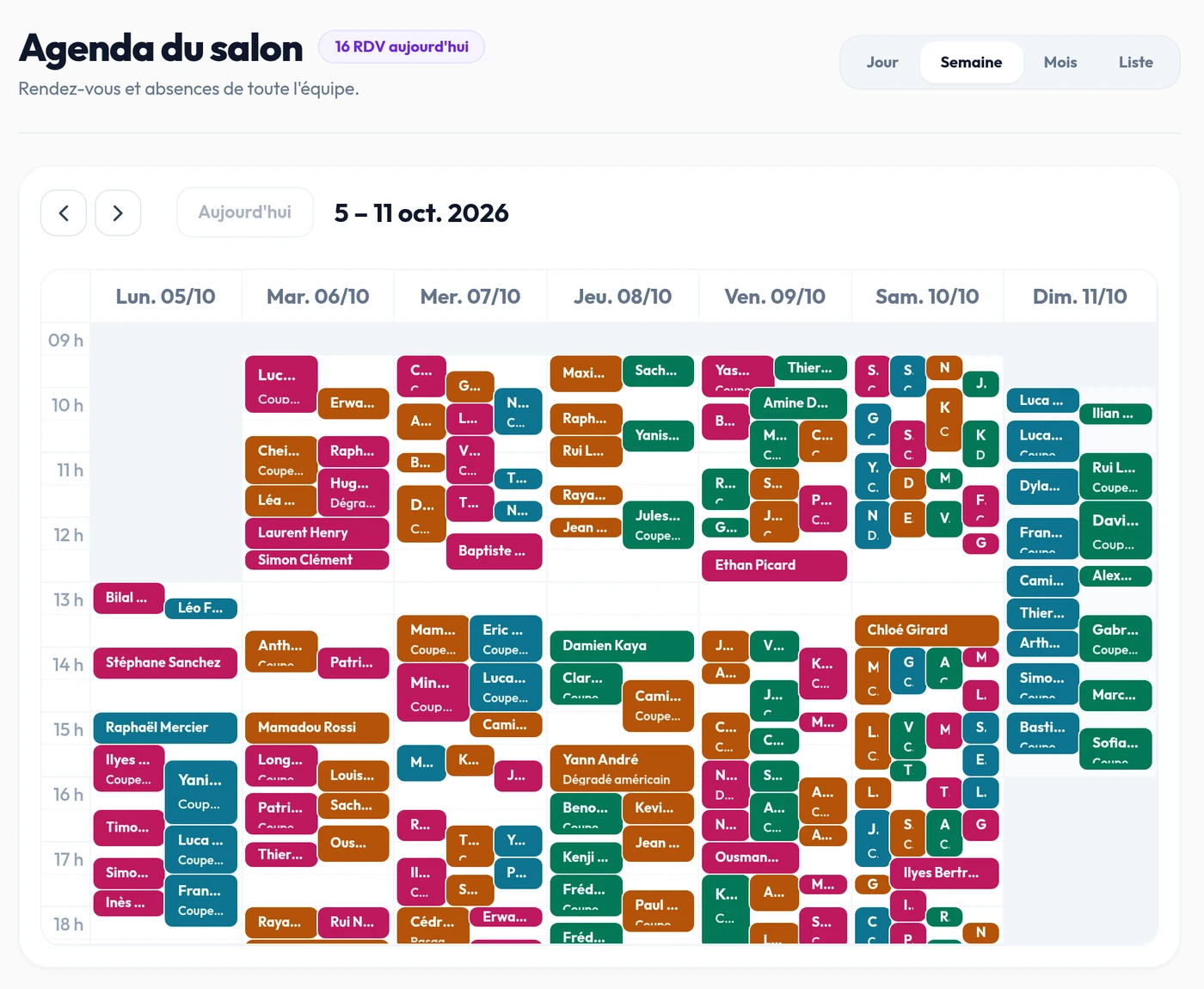 Le planning de la semaine dans CYB, rempli de rendez-vous