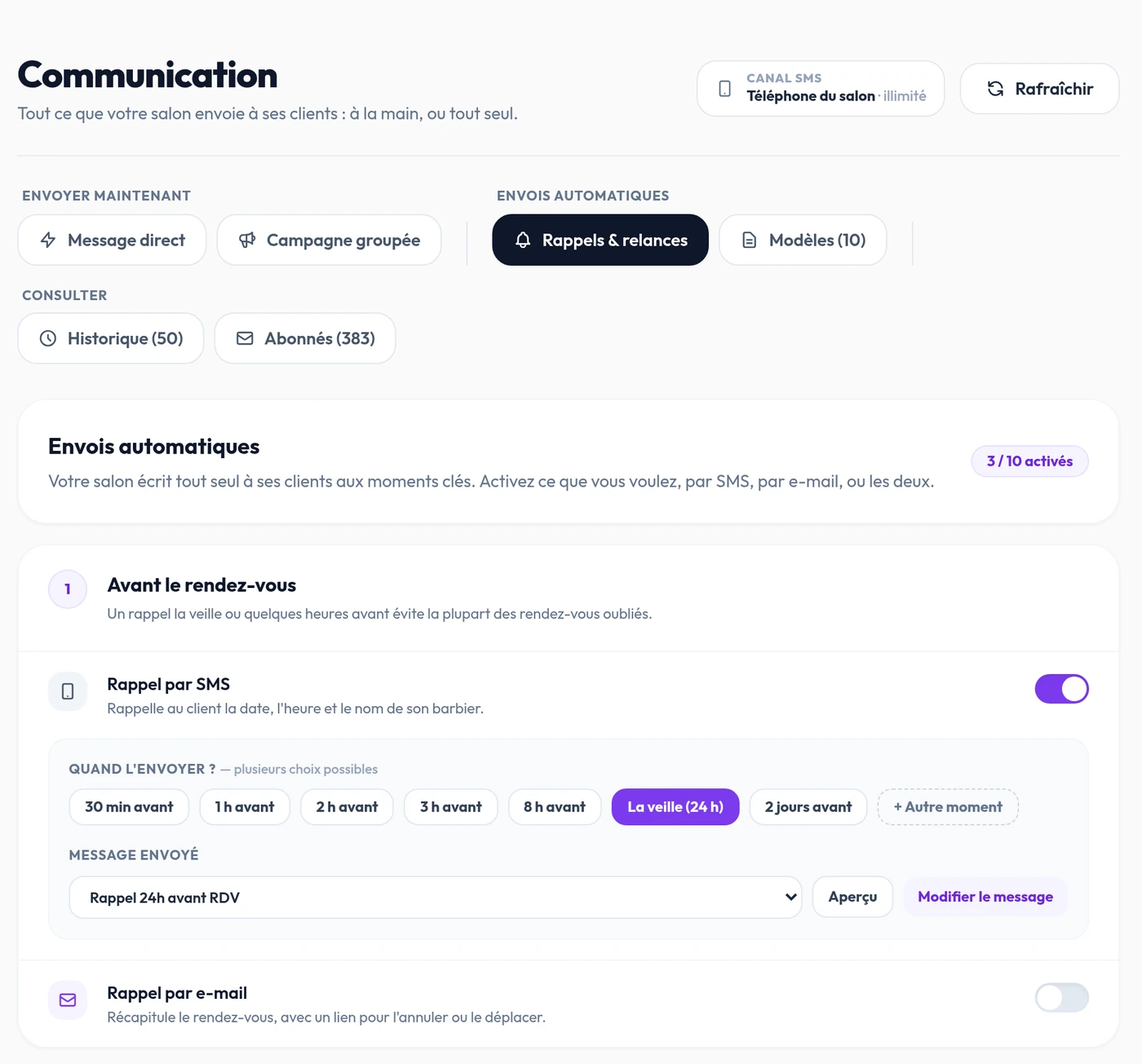 Les rappels automatiques par SMS et e-mail dans CYB